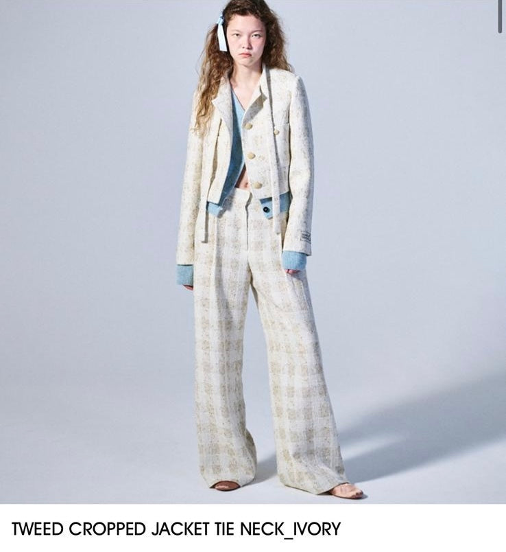 Mardi sale-tweed cropped jacket tie neck(ivory S)